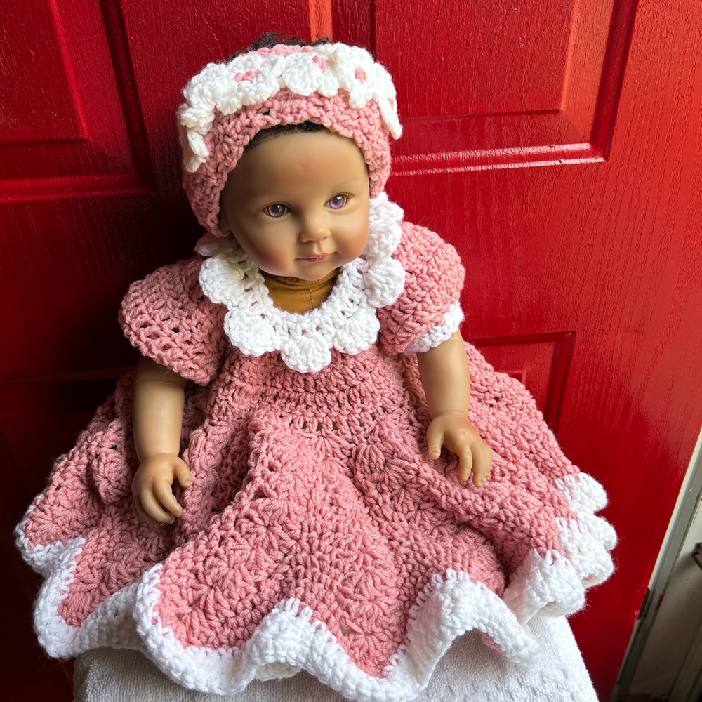 Charming Pink and White Crochet Dress with headband